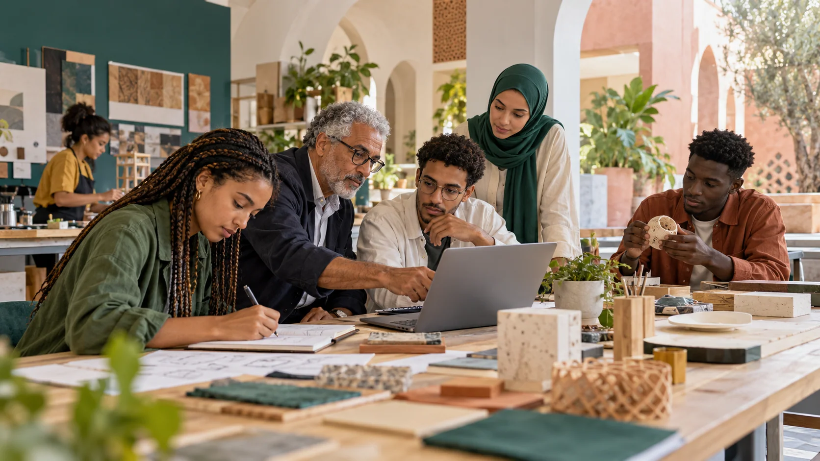 Illustration éditoriale d’un mentor et de jeunes entrepreneurs travaillant sur une stratégie digitale et un prototype